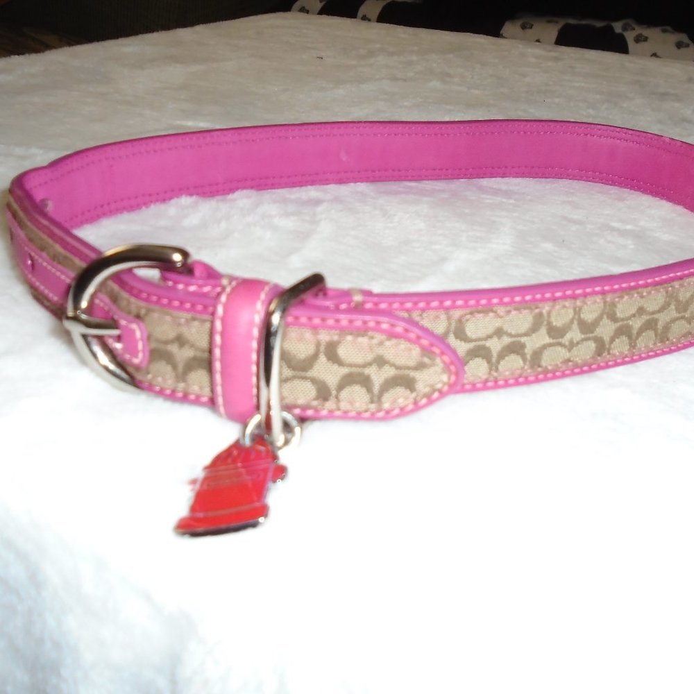 COACH HOT PINK LEATHER BROWN JACQUARD SIGNATURE C DOG COLLAR EXTRA LARGE 60178
